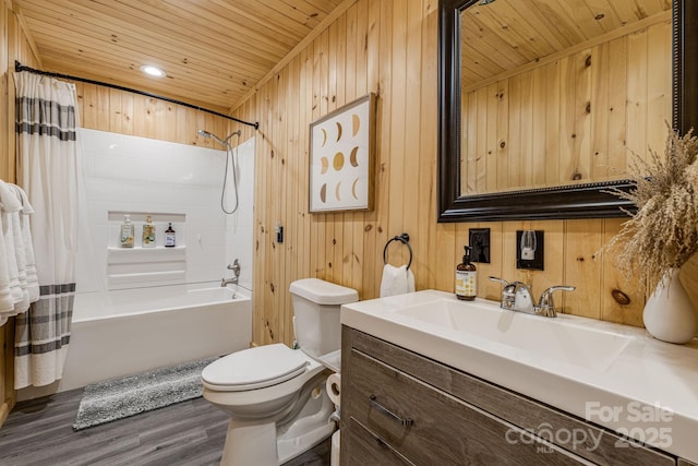full bathroom with toilet, wood ceiling, wooden walls, vanity, and wood finished floors