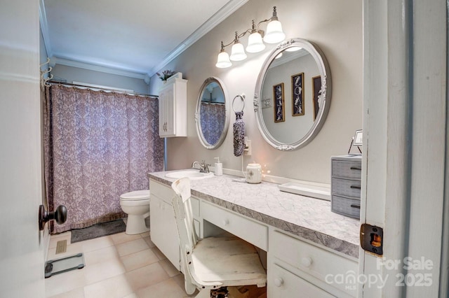 full bath featuring tile patterned floors, toilet, vanity, crown molding, and a shower with shower curtain