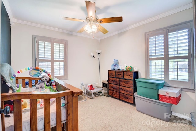 bedroom featuring ceiling fan, carpet flooring, and ornamental molding