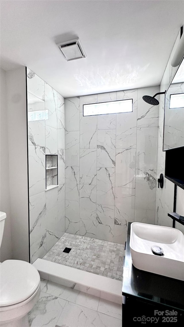 25 Dew Waite Rd, Black Mountain, NC 28711 - full bath with marble finish floor, visible vents, toilet, vanity, and a stall shower