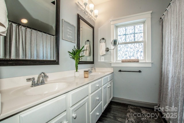 bathroom with double vanity, baseboards, wood finished floors, and a sink