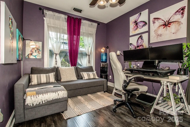office space featuring wood finished floors and ceiling fan