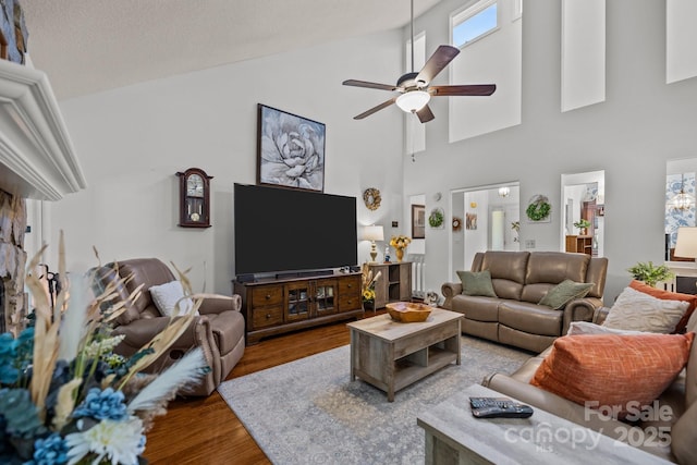 16070 Palawan Ct, Tega Cay, SC 29708 - living area with wood finished floors, high vaulted ceiling, and ceiling fan