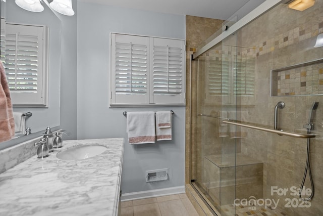 16070 Palawan Ct, Tega Cay, SC 29708 - full bathroom featuring a shower stall, vanity, tile patterned floors, and visible vents