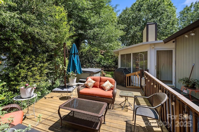 16070 Palawan Ct, Tega Cay, SC 29708 - wooden deck with grilling area, a sunroom, and a hot tub