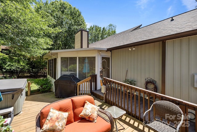 16070 Palawan Ct, Tega Cay, SC 29708 - deck with a sunroom, a hot tub, and area for grilling