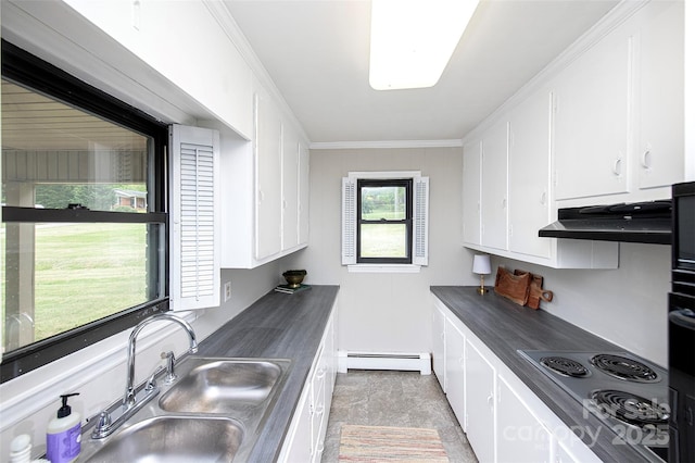 134 Piedmont Dr, Kannapolis, NC 28081 - kitchen featuring white cabinets, a sink, dark countertops, stainless steel electric stovetop, and a baseboard radiator