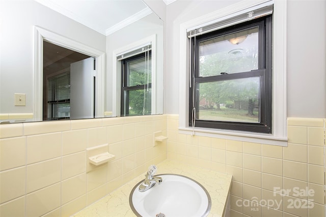 134 Piedmont Dr, Kannapolis, NC 28081 - bathroom featuring tile walls, crown molding, and vanity
