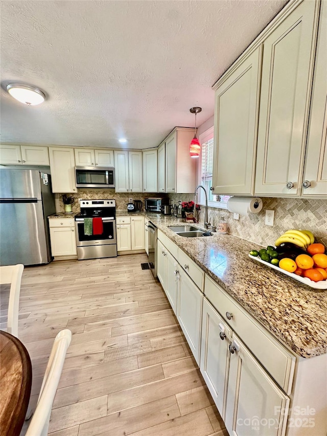 kitchen featuring appliances with stainless steel finishes, a sink, tasteful backsplash, a textured ceiling, and light wood-style flooring