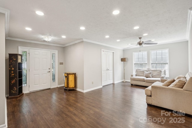 5611 Hammermill Dr, Harrisburg, NC 28075 - living room featuring recessed lighting, dark wood-style floors, baseboards, ceiling fan, and crown molding