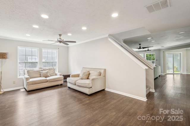 5611 Hammermill Dr, Harrisburg, NC 28075 - living room with a ceiling fan, recessed lighting, baseboards, dark wood finished floors, and stairway