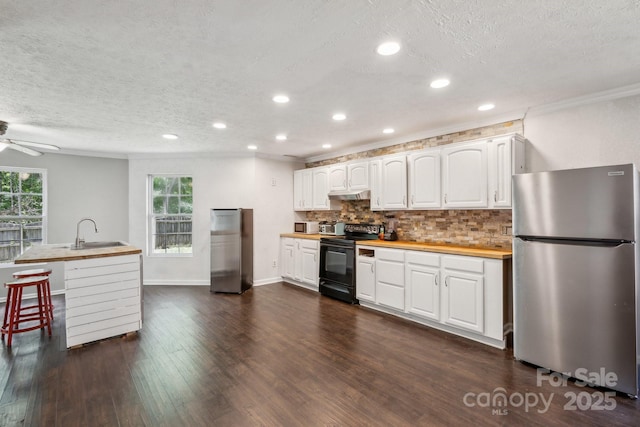 5611 Hammermill Dr, Harrisburg, NC 28075 - kitchen featuring freestanding refrigerator, black / electric stove, a sink, wood counters, and a textured ceiling