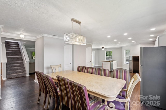 5611 Hammermill Dr, Harrisburg, NC 28075 - dining space with stairway, baseboards, recessed lighting, dark wood-style floors, and ornamental molding