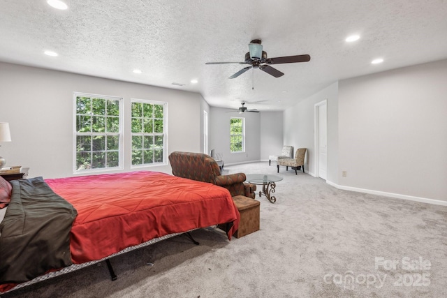 5611 Hammermill Dr, Harrisburg, NC 28075 - carpeted bedroom featuring recessed lighting, a textured ceiling, baseboards, and a ceiling fan
