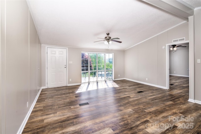 unfurnished living room featuring baseboards, visible vents, wood finished floors, and a ceiling fan