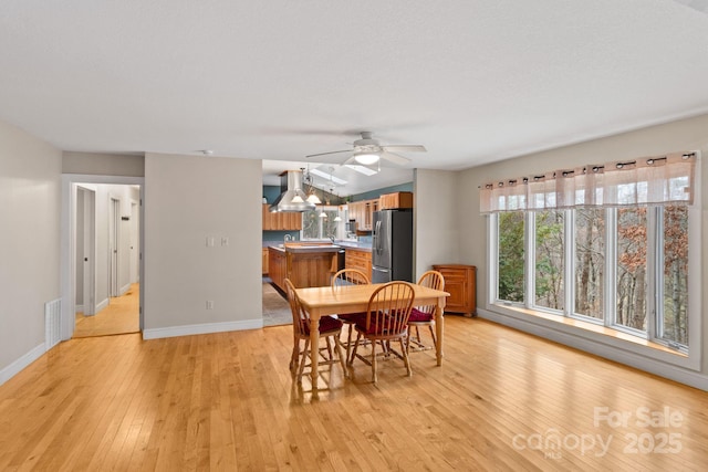 3670 Maple Creek Rd, Rutherfordton, NC 28139 - dining room featuring light wood-style flooring, baseboards, and ceiling fan