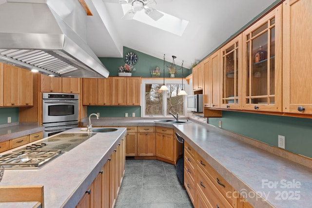 3670 Maple Creek Rd, Rutherfordton, NC 28139 - kitchen with wall chimney range hood, appliances with stainless steel finishes, a sink, a skylight, and lofted ceiling
