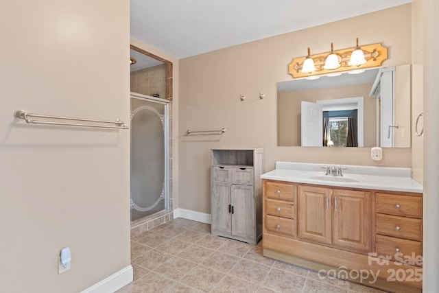 3670 Maple Creek Rd, Rutherfordton, NC 28139 - bathroom with a stall shower, vanity, baseboards, and tile patterned flooring