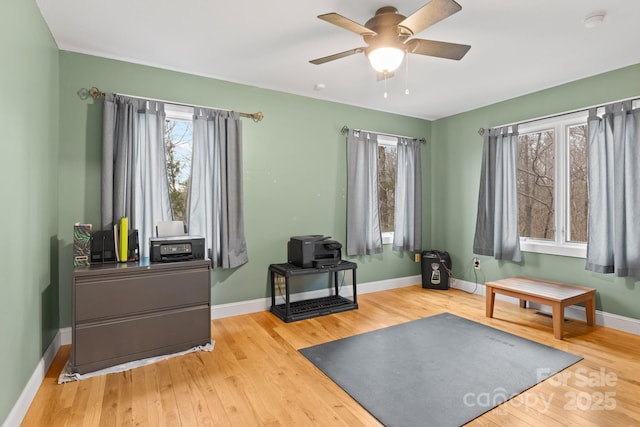 3670 Maple Creek Rd, Rutherfordton, NC 28139 - workout room featuring wood finished floors, ceiling fan, and baseboards