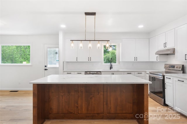 1904 27th Avenue Dr NE, Hickory, NC 28601 - kitchen with stainless steel appliances, under cabinet range hood, a sink, healthy amount of natural light, and recessed lighting