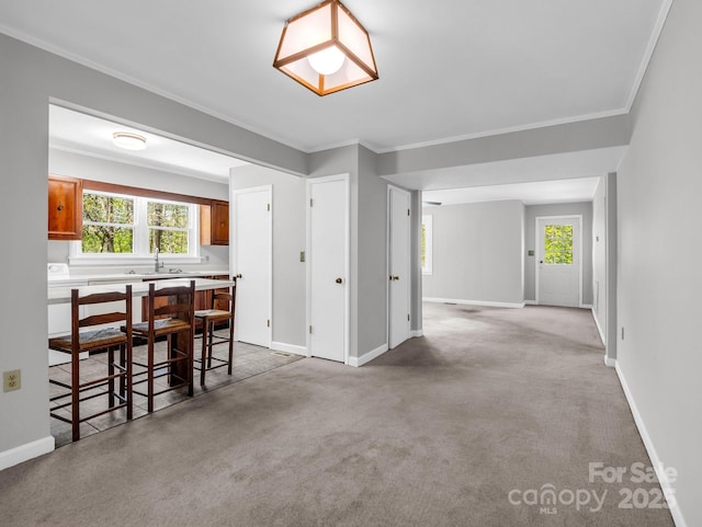 carpeted dining room with crown molding, baseboards, and a sink