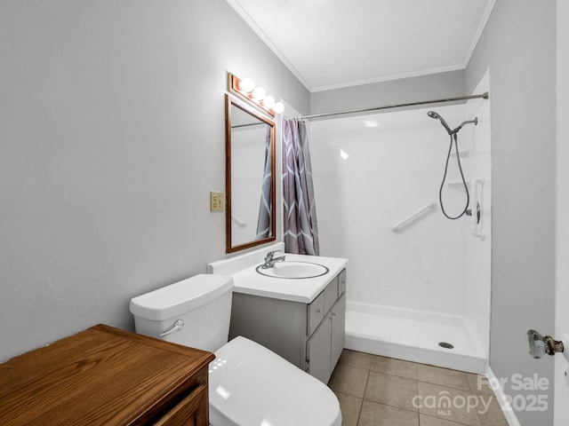 full bathroom featuring vanity, a shower, toilet, ornamental molding, and tile patterned flooring