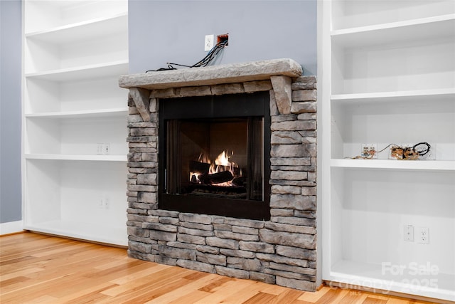 details featuring a stone fireplace and wood finished floors