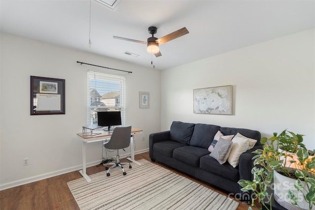 8917 Chalkstone Rd, Charlotte, NC 28216 - office area with wood finished floors, visible vents, a ceiling fan, baseboards, and attic access
