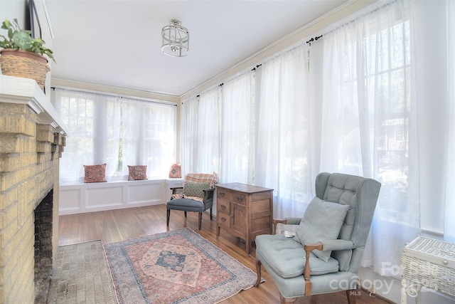 living area with wood finished floors and a fireplace