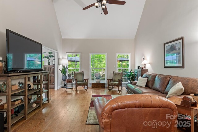 4516 Stryker Dr, Matthews, NC 28104 - living room featuring a ceiling fan, high vaulted ceiling, and wood-type flooring
