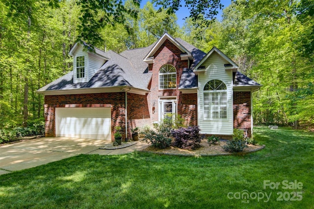 4516 Stryker Dr, Matthews, NC 28104 - traditional-style house with driveway, roof with shingles, brick siding, a front lawn, and a garage