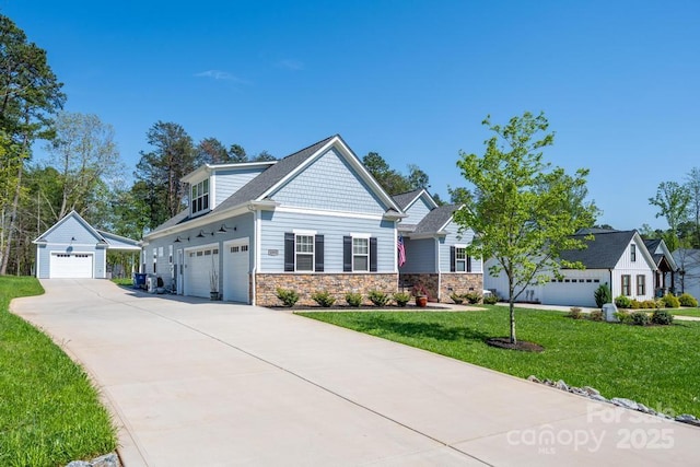 4594 N Wynswept Dr, Maiden, NC 28650 - craftsman-style house featuring stone siding, a front lawn, and concrete driveway