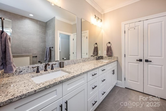 4594 N Wynswept Dr, Maiden, NC 28650 - bathroom featuring double vanity, walk in shower, a sink, and ornamental molding