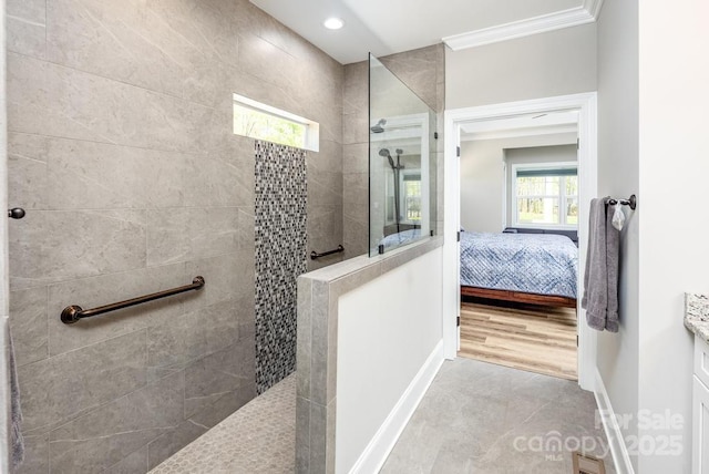 4594 N Wynswept Dr, Maiden, NC 28650 - bathroom with baseboards, recessed lighting, crown molding, ensuite bath, and a walk in shower
