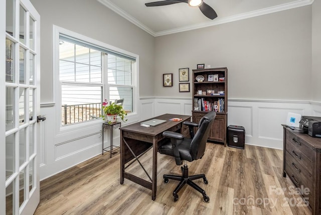 4594 N Wynswept Dr, Maiden, NC 28650 - office featuring a decorative wall, wainscoting, ceiling fan, light wood-style flooring, and ornamental molding