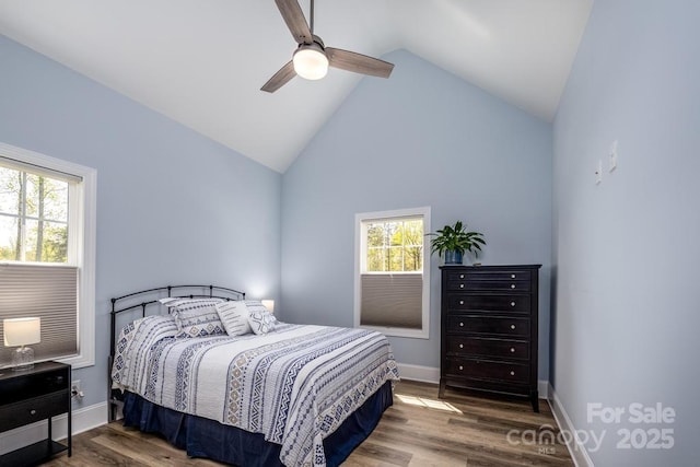 4594 N Wynswept Dr, Maiden, NC 28650 - bedroom featuring baseboards, wood finished floors, high vaulted ceiling, and multiple windows