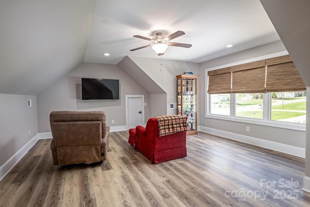 4594 N Wynswept Dr, Maiden, NC 28650 - sitting room featuring vaulted ceiling, baseboards, recessed lighting, a ceiling fan, and wood finished floors
