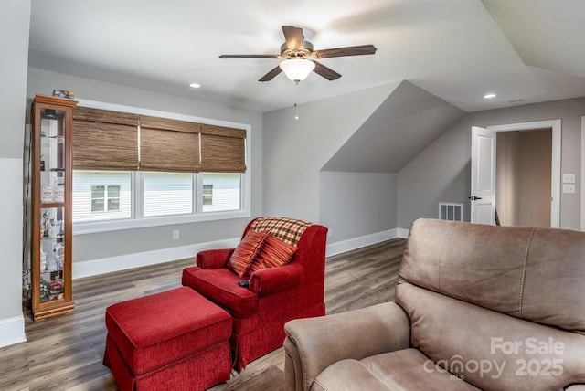 4594 N Wynswept Dr, Maiden, NC 28650 - living area featuring lofted ceiling, visible vents, baseboards, and ceiling fan