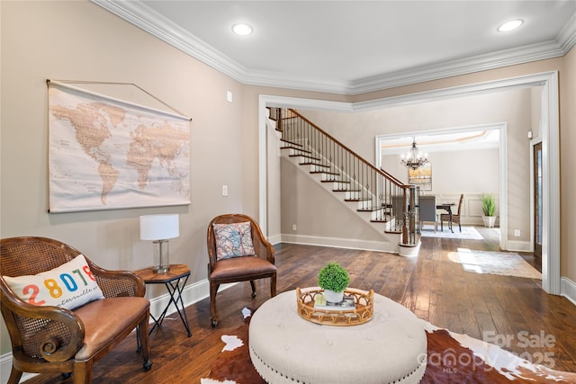 14130 Lea Point Ct, Huntersville, NC 28078 - living area featuring a chandelier, wood-type flooring, stairs, baseboards, and crown molding