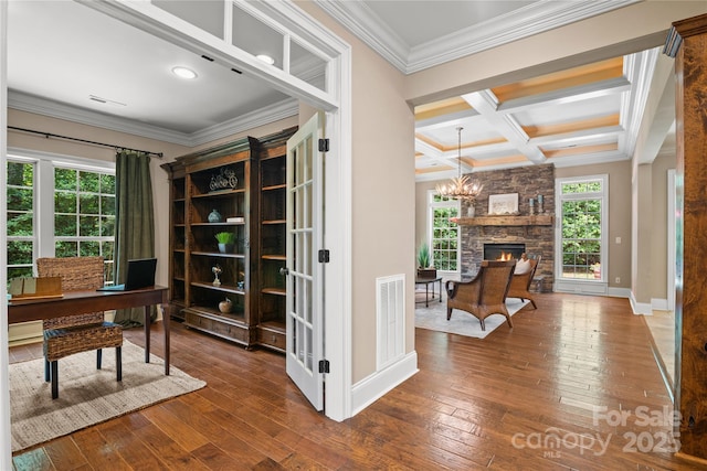 14130 Lea Point Ct, Huntersville, NC 28078 - office featuring hardwood / wood-style flooring, baseboards, crown molding, plenty of natural light, and recessed lighting
