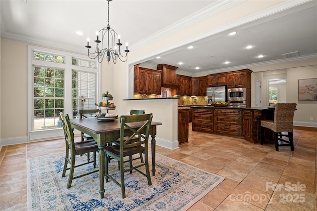 14130 Lea Point Ct, Huntersville, NC 28078 - dining room with baseboards, recessed lighting, a chandelier, and ornamental molding