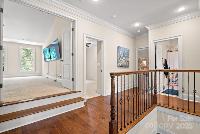 14130 Lea Point Ct, Huntersville, NC 28078 - hallway with an upstairs landing, dark wood-style flooring, baseboards, crown molding, and recessed lighting