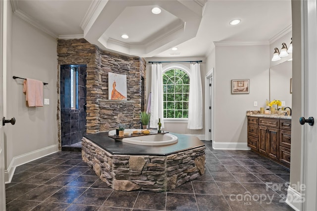14130 Lea Point Ct, Huntersville, NC 28078 - bathroom with crown molding, a bath, vanity, baseboards, and recessed lighting