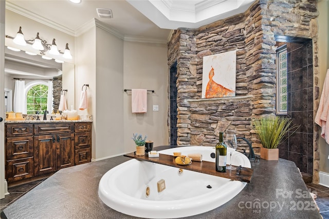 14130 Lea Point Ct, Huntersville, NC 28078 - bathroom featuring ornamental molding, vanity, and a whirlpool tub