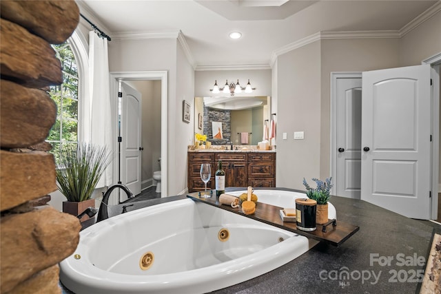 14130 Lea Point Ct, Huntersville, NC 28078 - bathroom with crown molding, toilet, a whirlpool tub, vanity, and recessed lighting
