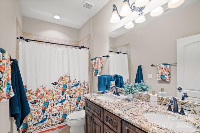 14130 Lea Point Ct, Huntersville, NC 28078 - bathroom featuring double vanity, toilet, a shower with shower curtain, and tile patterned floors