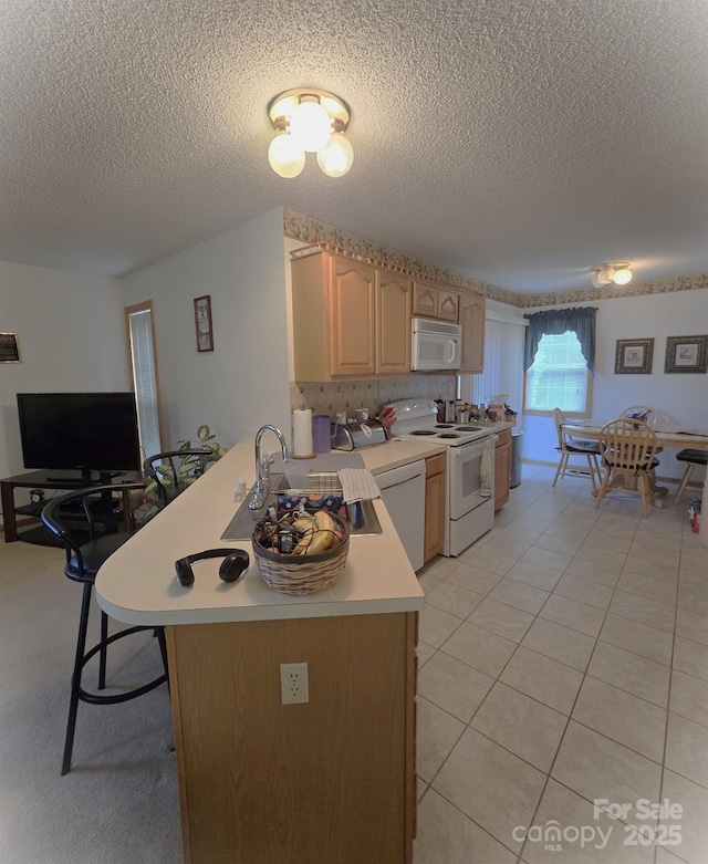 317 Robert Keever Rd, Stanley, NC 28164 - kitchen featuring white appliances, a sink, light countertops, a textured ceiling, and a peninsula
