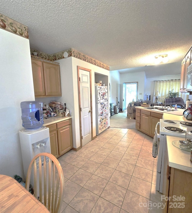 317 Robert Keever Rd, Stanley, NC 28164 - kitchen featuring white appliances, light countertops, a sink, light tile patterned floors, and a textured ceiling