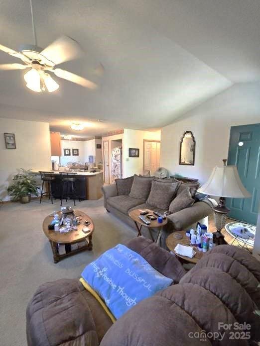 317 Robert Keever Rd, Stanley, NC 28164 - carpeted living room with ceiling fan and vaulted ceiling