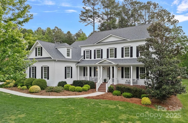 view of front of home featuring roof with shingles, a porch, and a front lawn